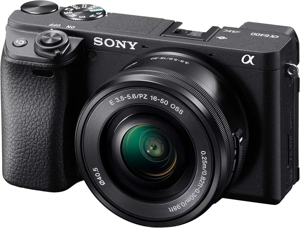 Product image of the Sony A6400 with a basic lens attached.